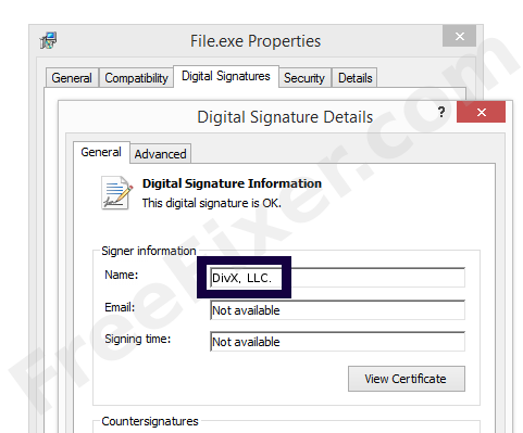 Screenshot of the DivX, LLC. certificate